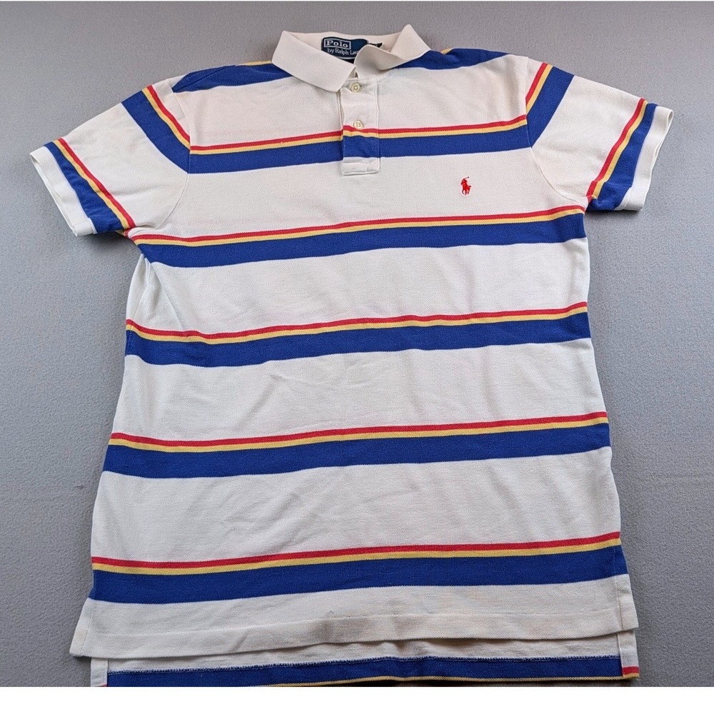 Polo Ralph Lauren Mens Custom Fit Striped Polo Shirt White Blue Red Yellow M